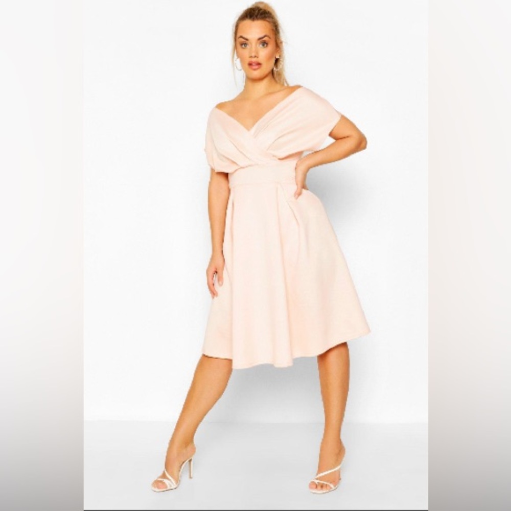 Boohoo plus off the shoulder wrap midi dress